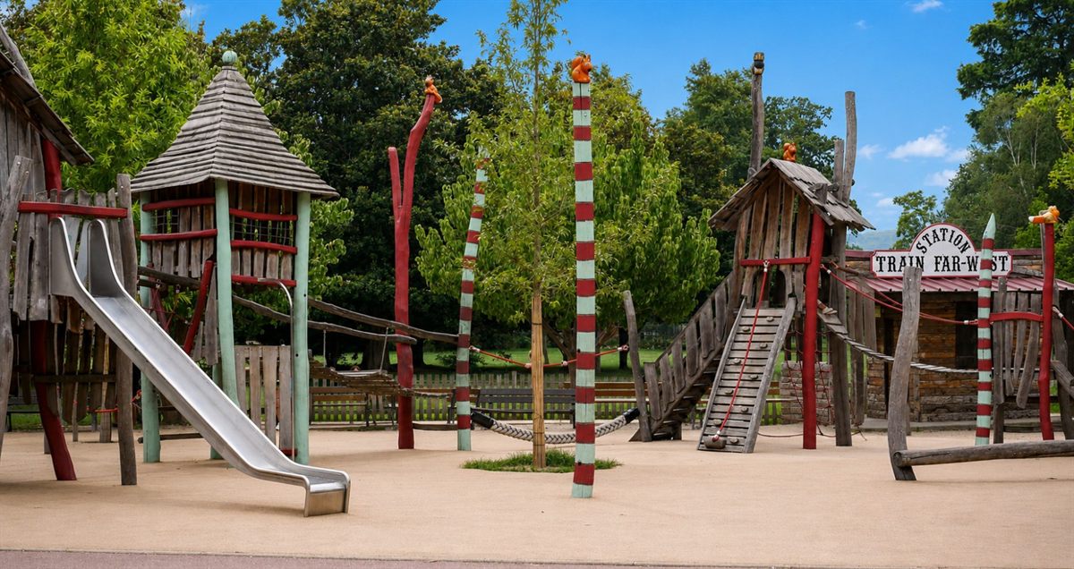 Aire de jeux en bois du Parc Jouvet à Valence, avec toboggan, cabanes perchées et la station du petit train Far-West